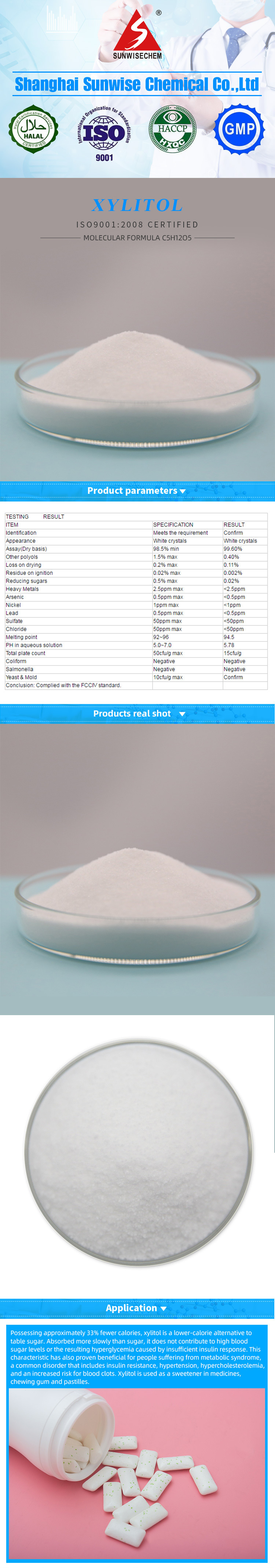 Aditivos alimentarios edulcorante/xilitol de calidad alimentaria CAS 87-99-0