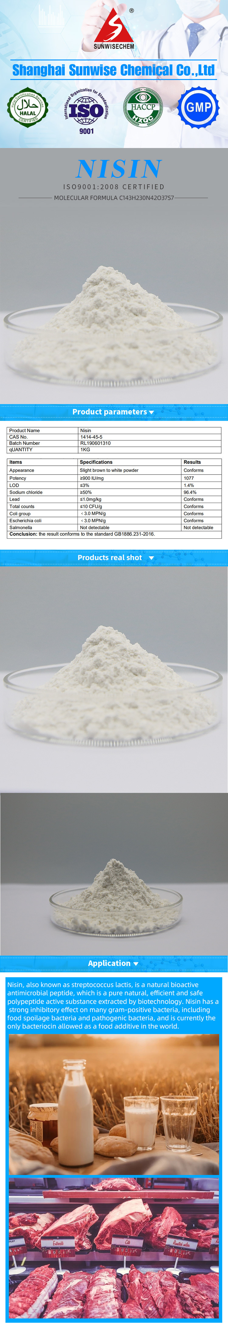 Alimentos/bebidas/cosméticos conservantes naturais Nisin/nisin E234 Preço CAS 1414-45-5 