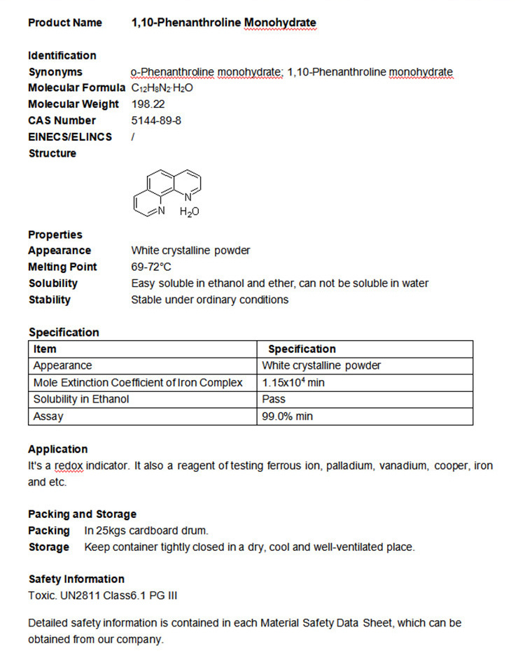 1, monohidrato de clorhidrato de 10-fenantrolina en alta pureza CAS 66-71-7