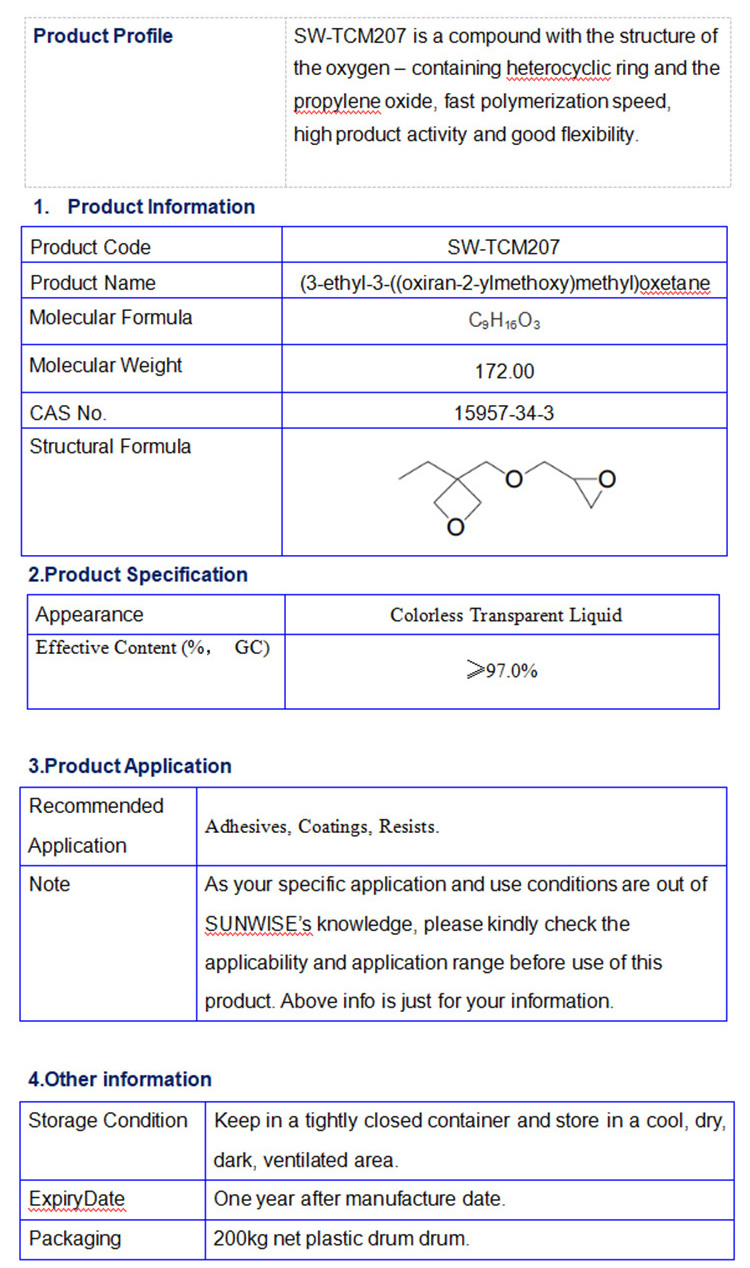 高质量的3-乙基-3- [（Oxiranylmethoxy）甲基]氧键CAS 15957-34-3 SW-TCM207